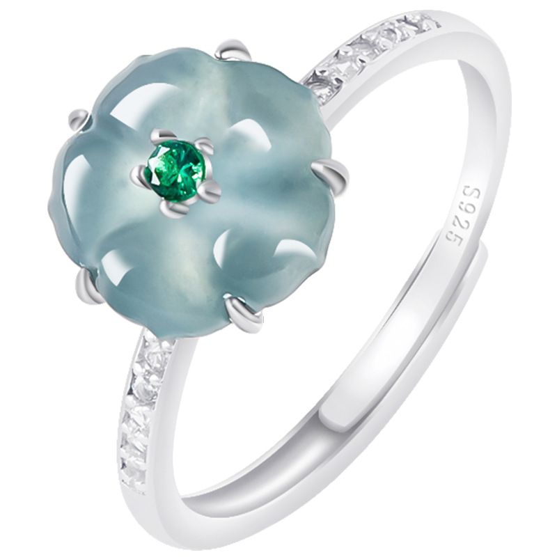 Women'S Fashion Gifts - ブルービルマ翡翠フラワーリング 925 シルバー天然ビルマ翡翠高級お守りファッションアクセサリー女性へのギフト