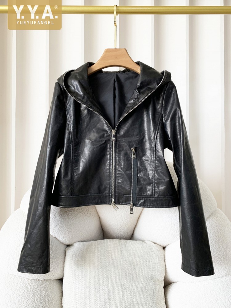 Women'S Fashion Leather Jacket - 秋のカジュアル女性ファッションジッパースリム牛本革オイルワックスフード付きジャケットフィット長袖女性ショートスタイルアウター