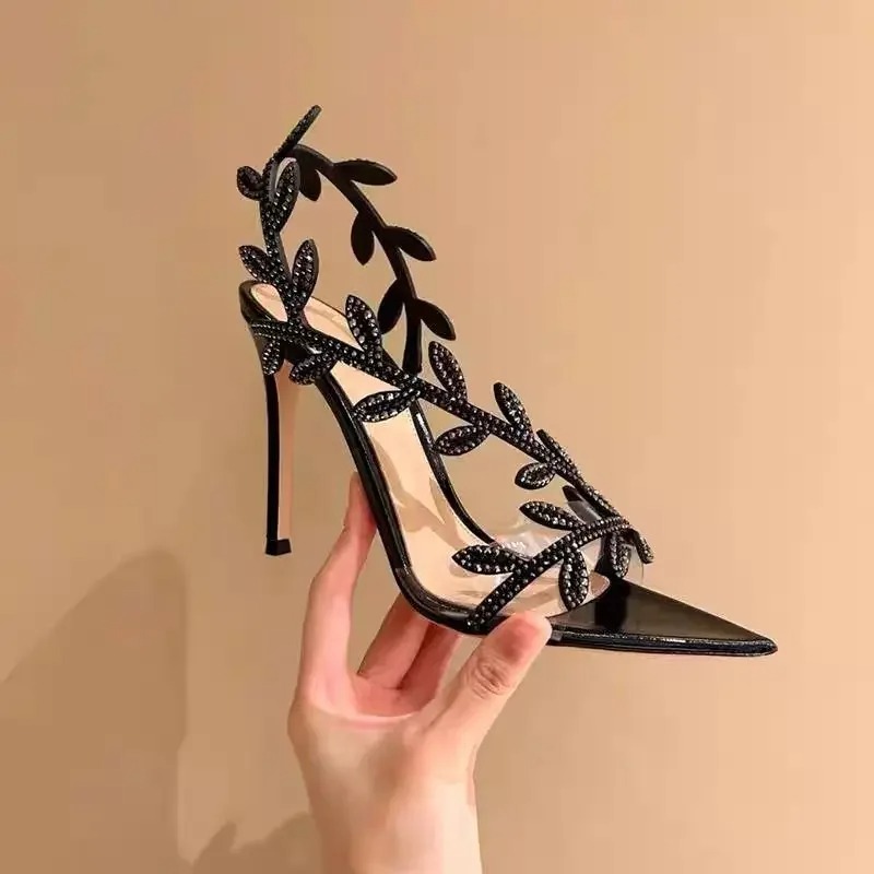 Women Fashion Trend 2025 - 夏の新 2025 黄金の枝と翡翠の葉ハイヒール黒の尖った先端セクシーなフレンチ サンダルオープントゥ スティレット チップ