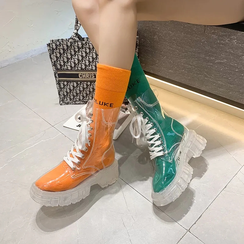 Women'S Fashion Rain Boots - 透明プラットフォームブーツ 2026 新ファッション女性防水アンクルブーツフェミニンクリアヒールショートブーツセクシーな女性のレインシューズ