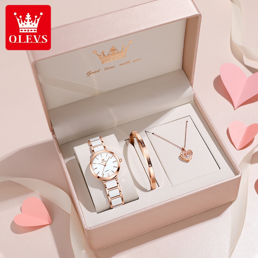 Women'S Fashion Gifts - OLEVSレディース腕時計5877高級エレガントクォーツ腕時計防水夜光セラミックストラップレディース腕時計ブレスレットセットギフトボックス時計