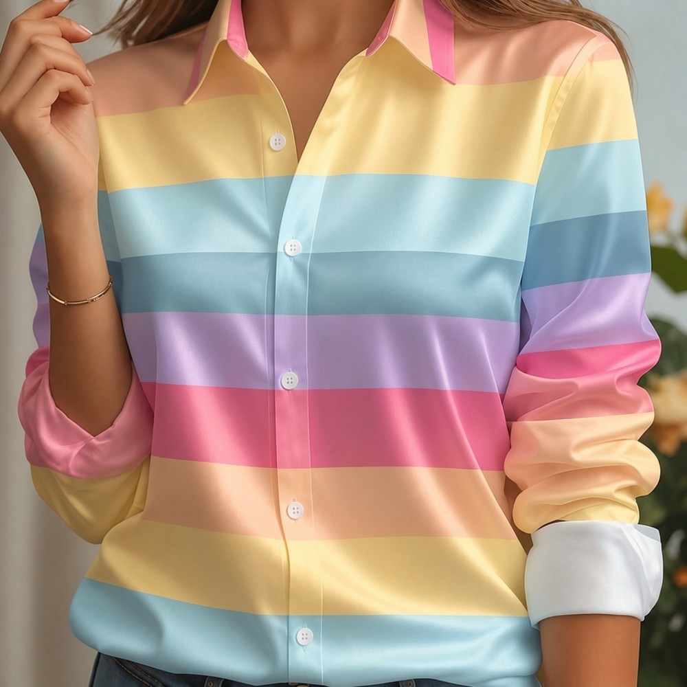 Women Fashion Images - 女性用サテンラペルカラーシャツ、パステルストライププリント、長袖ルーズブラウス、エレガントオフィスデイリーカジュアル、ボタンフロント、シルクのような肌触り