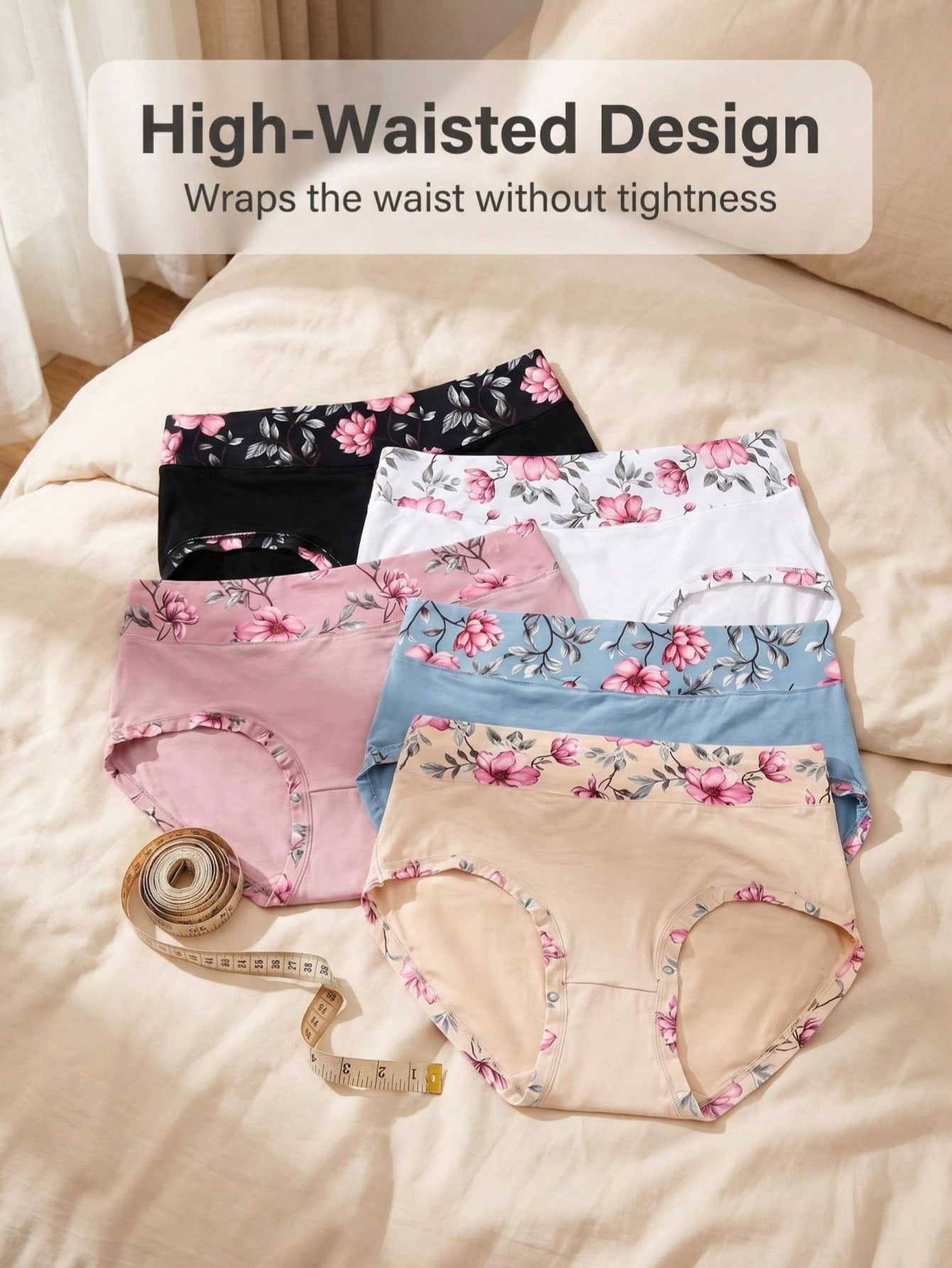 Women Fashion Images - 5 個のプラスサイズの女性用フラワープリントパンティー、ミッドウエストフルカバーブリーフセット、ソフトファッション下着セット、夏の日常着、