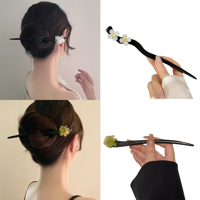 Women Fashion Hub - ヴィンテージ中国風の木製花ヘアスティックパールヘアピンジュエリー女性のための気質ヘアアクセサリーウェディングスタイリング gif