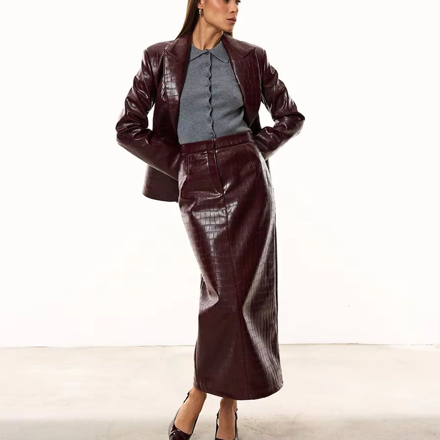 IG レディース バーガンディ クロコダイル柄 フェイクレザ - Women'S Fashion Leather Jacket のレビューと価格