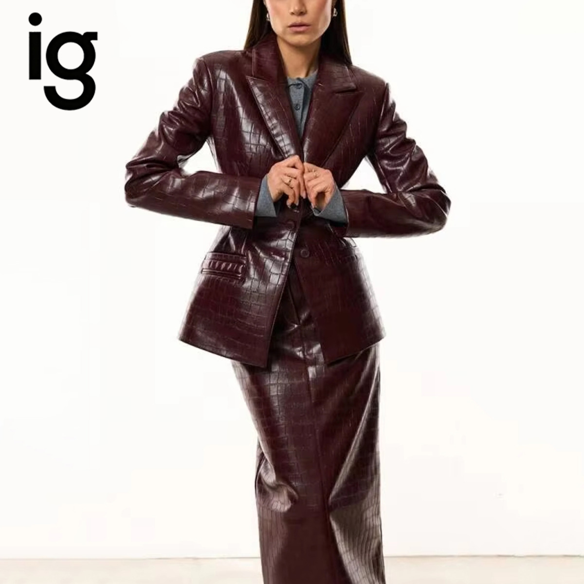 IG レディース バーガンディ クロコダイル柄 フェイクレザ - Women'S Fashion Leather Jacket のレビューと価格