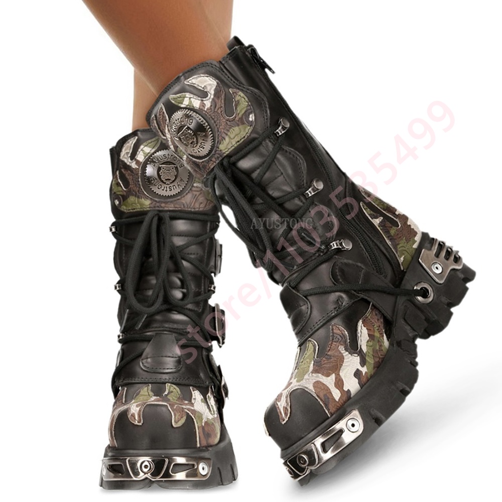 パンクロック迷彩柄ベルトバックル付きバイクブーツ2025厚底 - Women Fashion Trend 2025 のレビューと価格